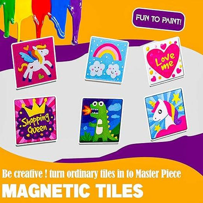 Colorful magnetic tile art kit for kids with fun designs like unicorns, rainbow, dinosaur, and love heart