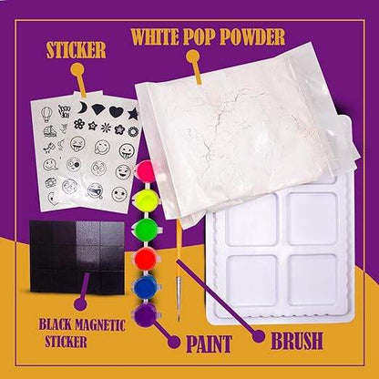 Magnetic tile art kit for kids with white pop powder paint brush black magnetic stickers and decorative stickers