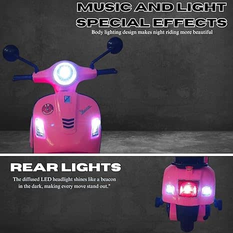 Pink electric ride on scooter with LED headlights and rear lights for fun night rides