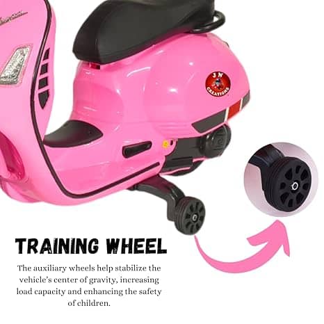 Pink electric ride on scooter featuring training wheels for stability and safety for young riders