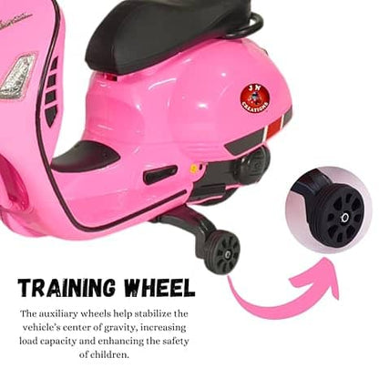 Pink electric ride on scooter featuring training wheels for stability and safety for young riders