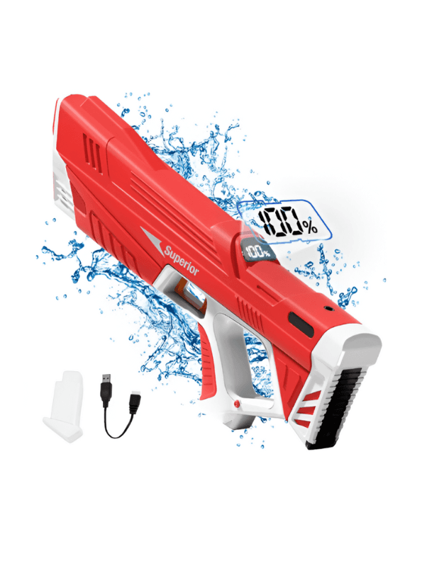 Red electric water gun with water spraying action for kids ages 6 and up