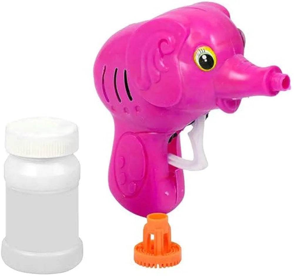 Pink elephant bubble blower toy made from durable plastic, includes bubble solution bottle for endless fun