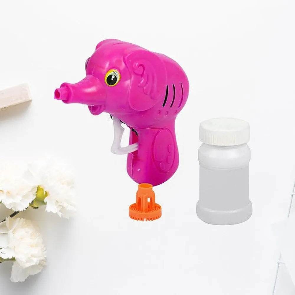 Bright pink elephant bubble blower toy made of plastic with bubble solution bottle for outdoor fun