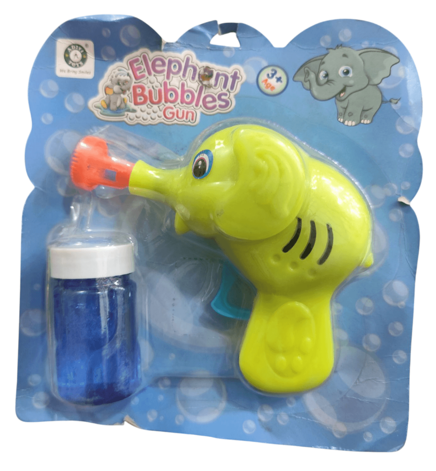 Yellow elephant bubble blower toy made of plastic with a blue bubble solution bottle