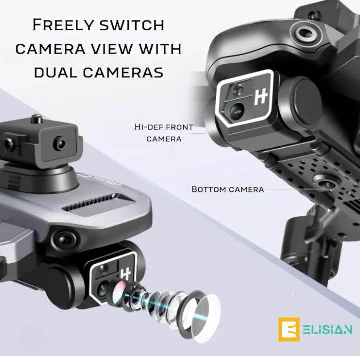 Close-up of AIRGLE drone with gimbal camera showing hi-def front and bottom dual cameras
