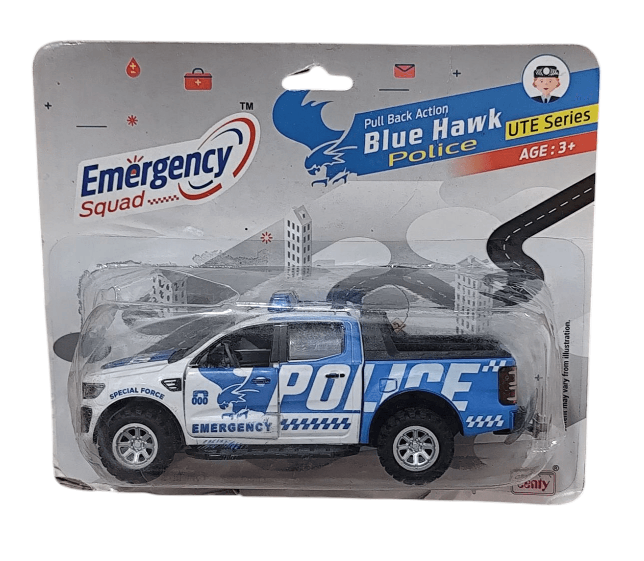 Blue police pickup truck toy with pull back action from Emergency Squad Blue Hawk Police series