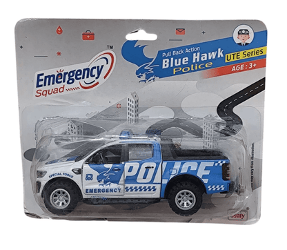 Blue police pickup truck toy with pull back action from Emergency Squad Blue Hawk Police series