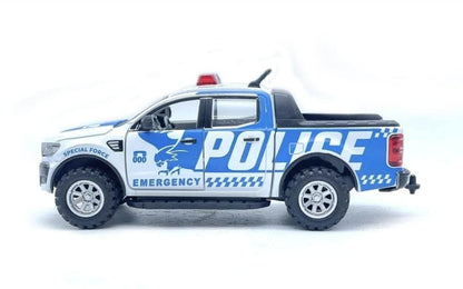 Blue police pickup truck toy with emergency and special force decals and realistic off-road tires