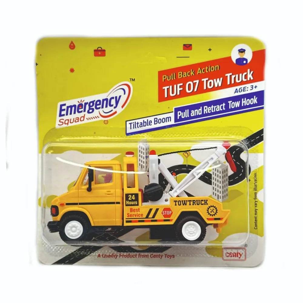 Emergency squad toy truck for kids yellow TUF 07 pull back action tow truck with tilt boom and tow hook