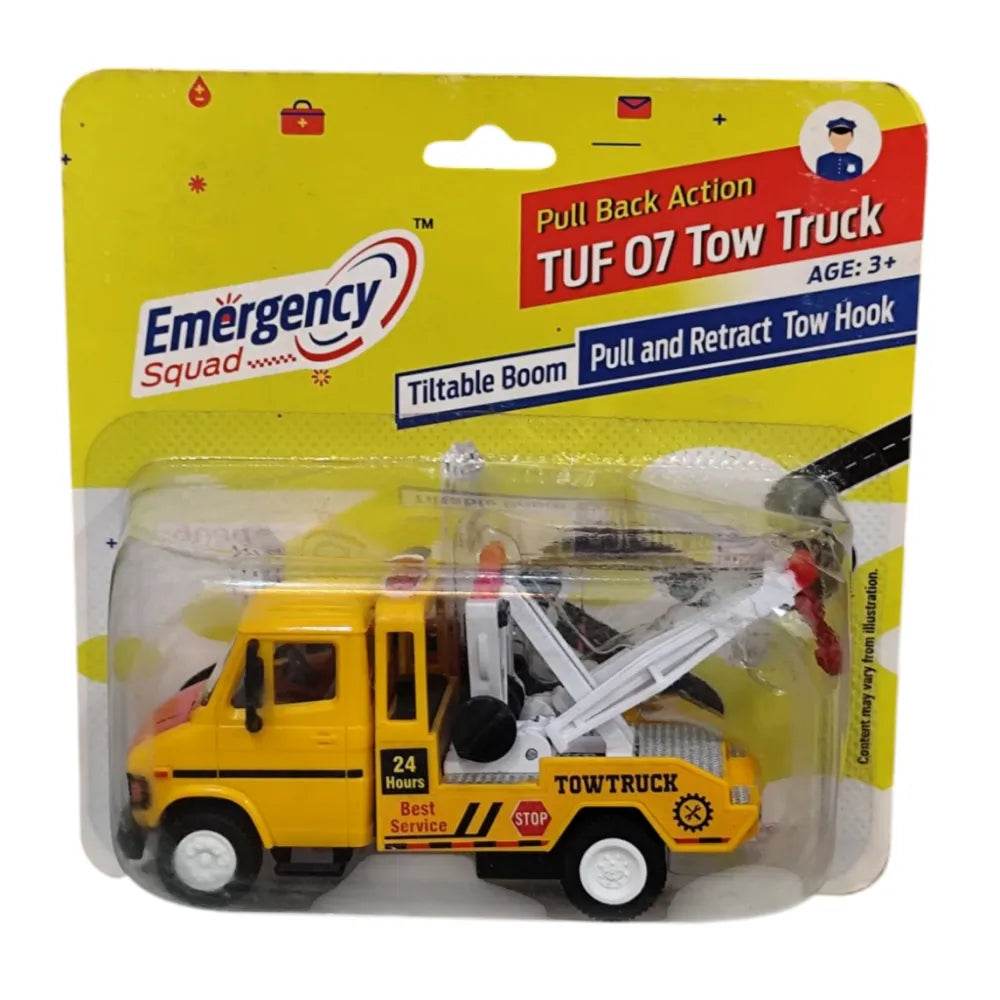 Emergency squad toy truck for kids yellow pull back action TUF 07 tow truck with tilt boom
