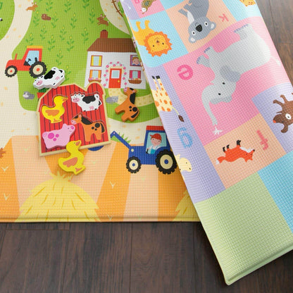 Unimates farm themed baby mat with colorful animal and tractor designs for infant play and development