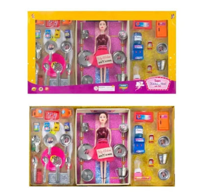 Fashion girl doll with kitchen set including utensils and accessories in colorful packaging by T-Rex the toyland Sitamarhi