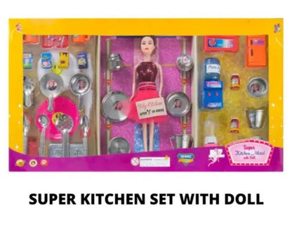 Fashion girl doll with kitchen set including utensils and miniature food items in colorful packaging