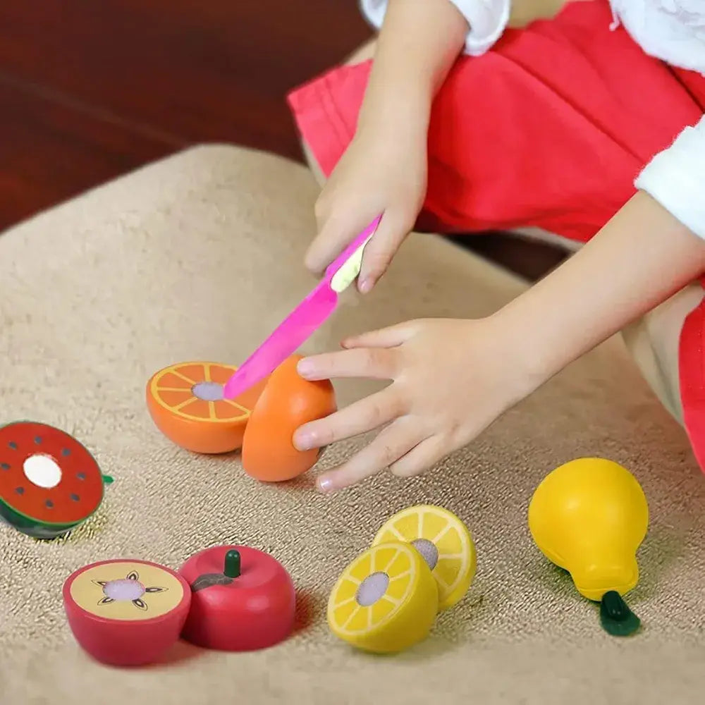 Colorful wooden fruit slicing toy for toddlers promoting fine motor skills and sensory play