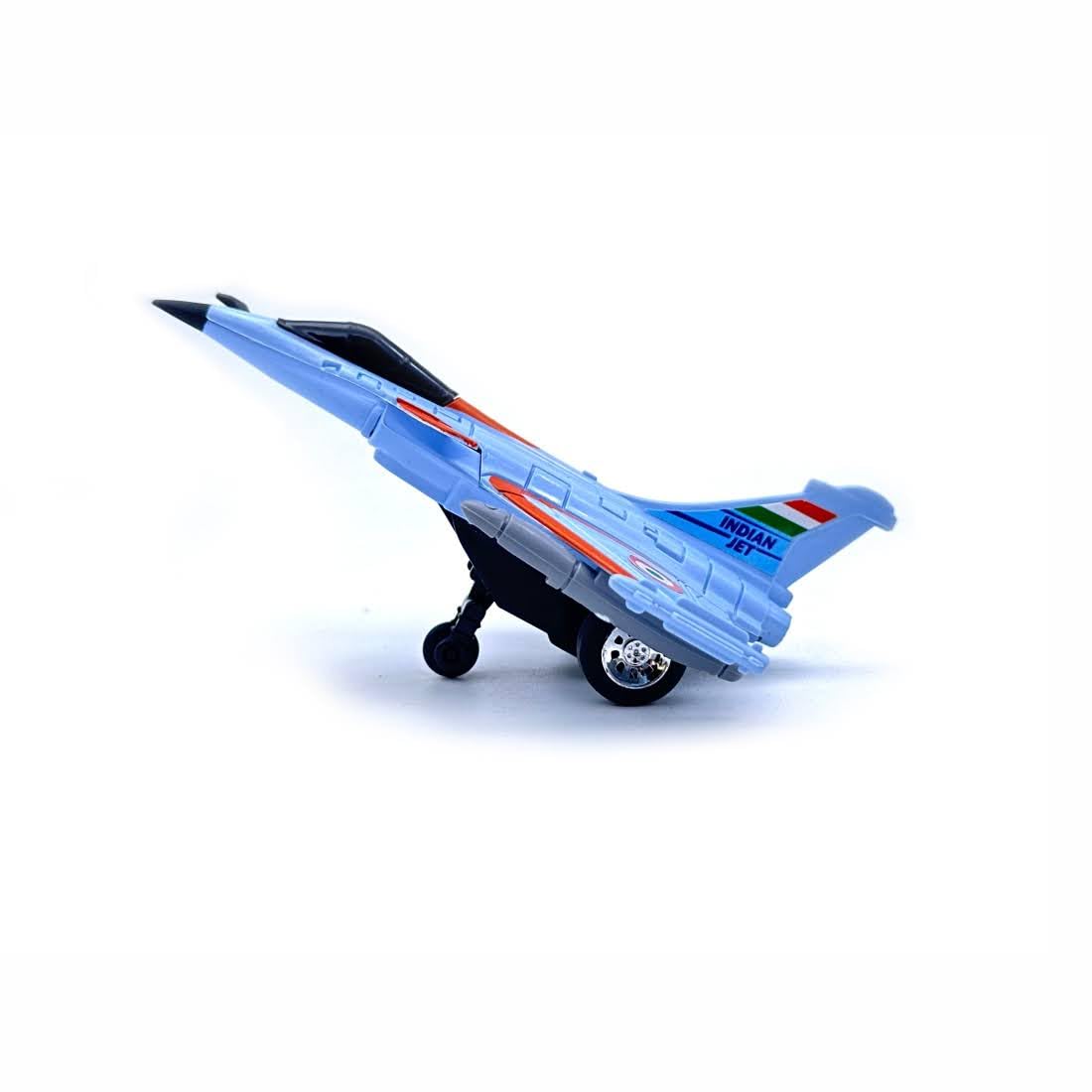 Blue fighter jet toy with wheels, ideal for kids aged 3-7 years