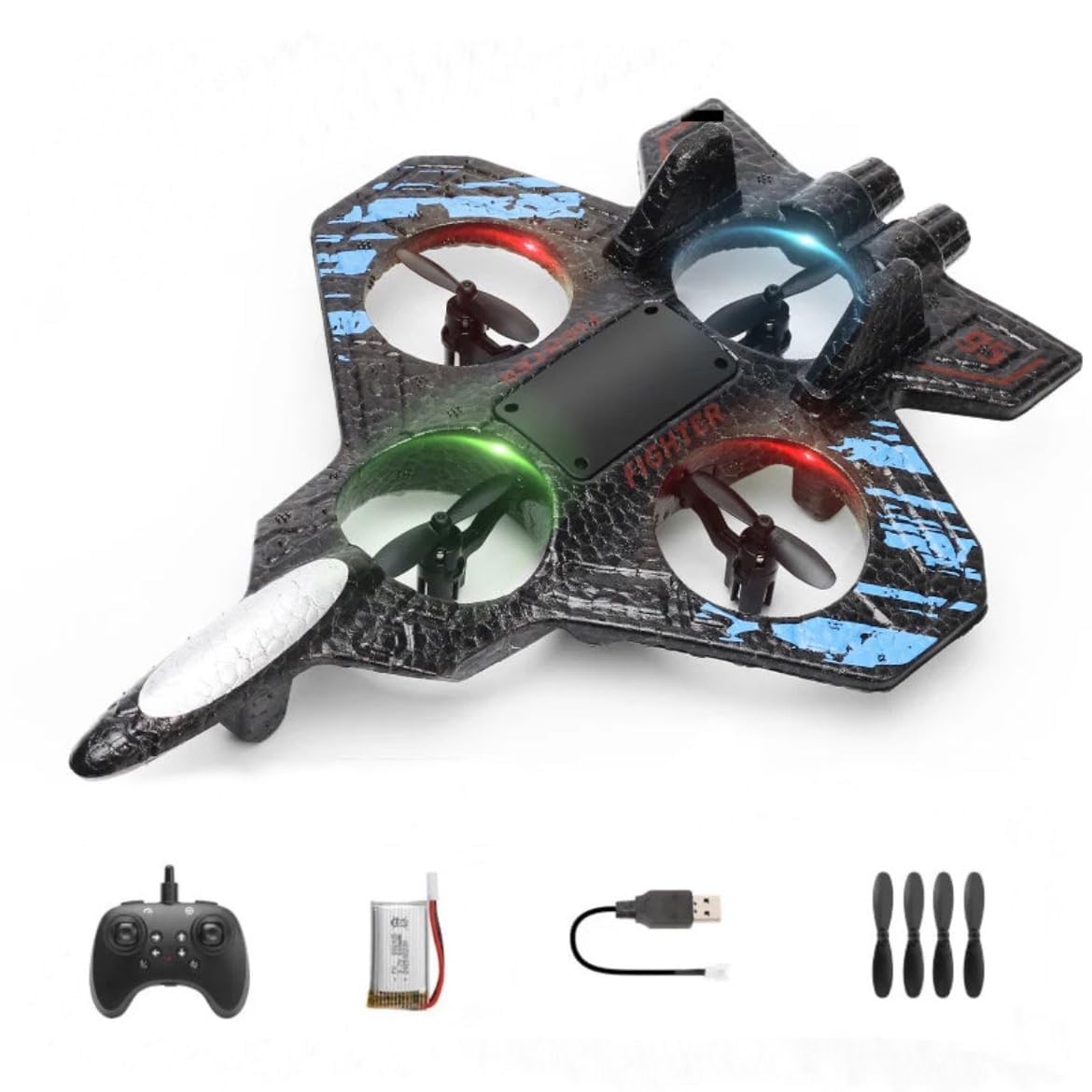 Black fighter plane F-35 drone with colorful lights and controller for ages 8 and up