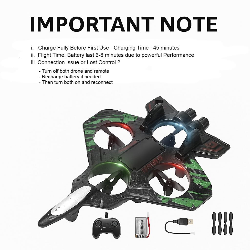 Black and green fighter plane F-35 drone for kids, with remote control and USB charging cable