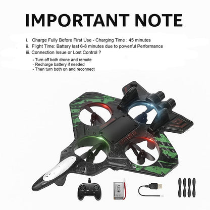 Black and green fighter plane F-35 drone for kids, with remote control and USB charging cable