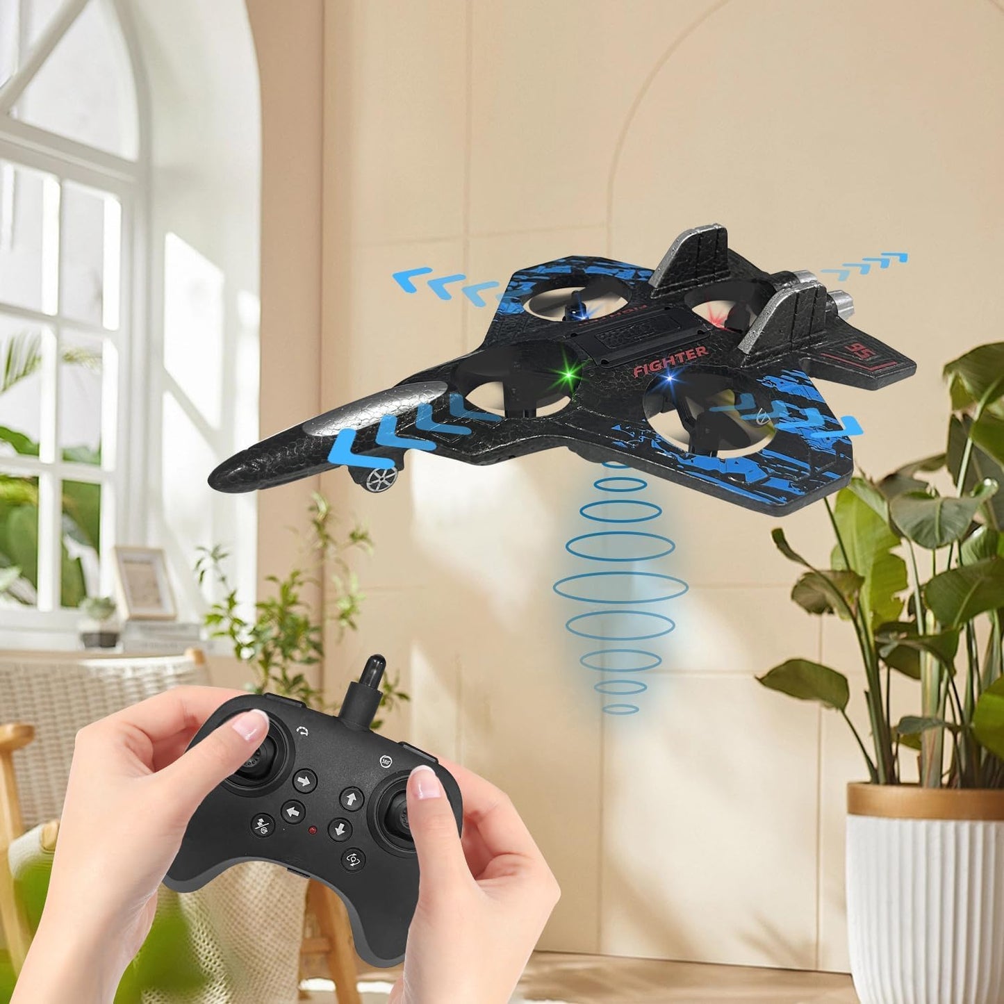 Remote-controlled fighter plane F-35 in black flying indoors, suitable for ages 8 and up