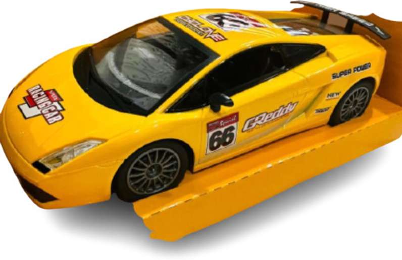 Yellow T-Rex the Toyland high speed battery operated toy car with racing decals and spoiler