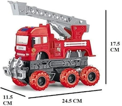 Red plastic fire truck fire trucks toy with a movable ladder and oversized wheels measuring 24.5 cm long