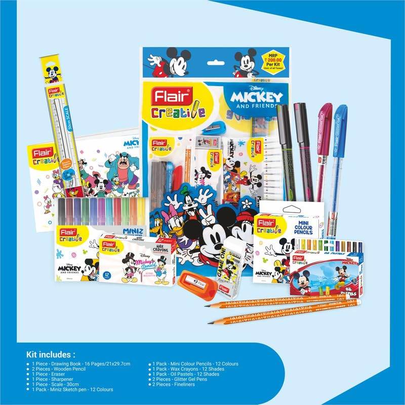 Disney creative gift set Flair kit Mickey Mouse featuring pencils pens markers and coloring supplies