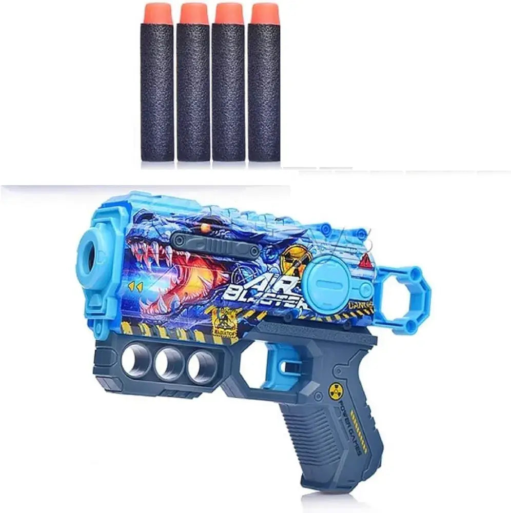 Blue foam dart blaster with four darts designed for ages 6 and up