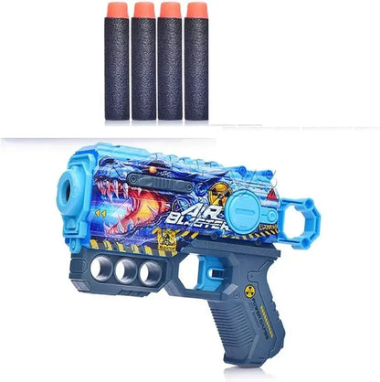 Blue foam dart blaster with four darts designed for ages 6 and up