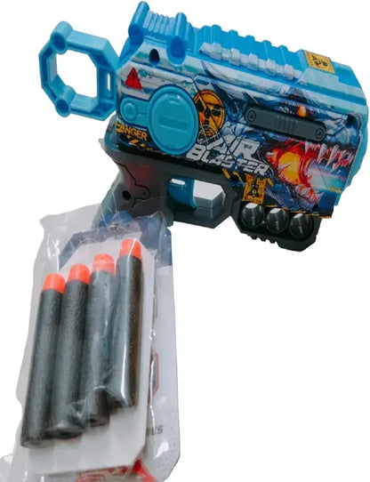 Blue foam dart blaster with four darts, ideal for children aged 6 and up