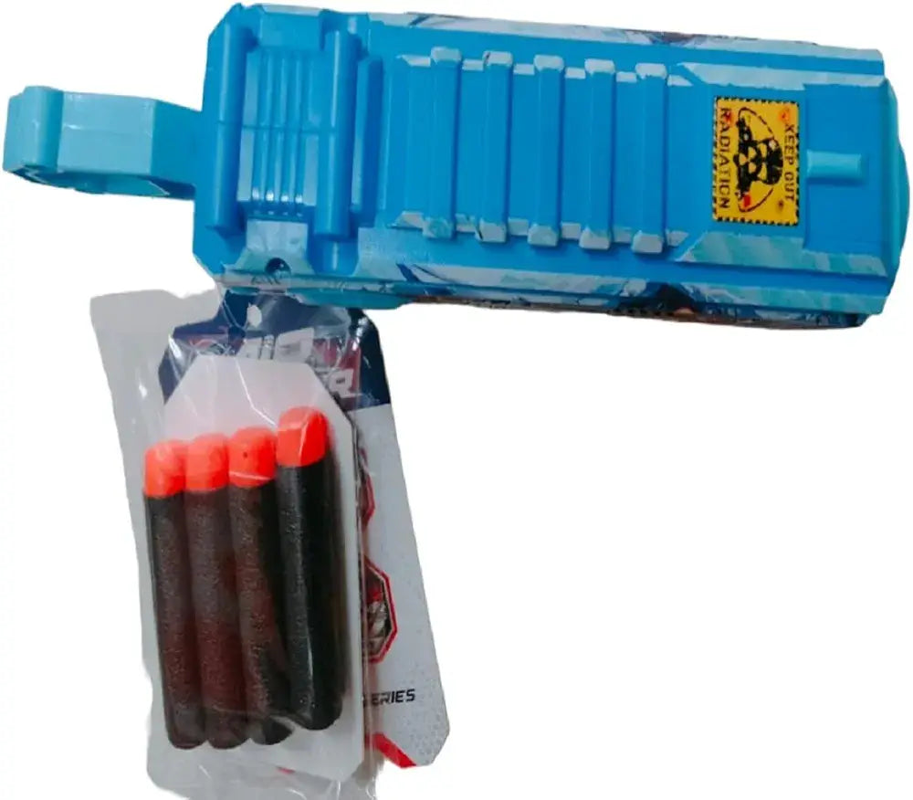 Blue foam dart blaster with four darts, ideal for kids aged 6 years and up