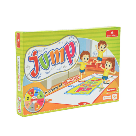 Folks work jump game for kids with colorful board and playful children balancing and jumping