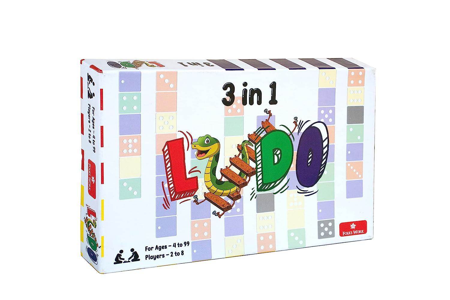 Folks work Ludo 3in1 box featuring colorful design for 3 in 1 board game for kids ages 4 to 99