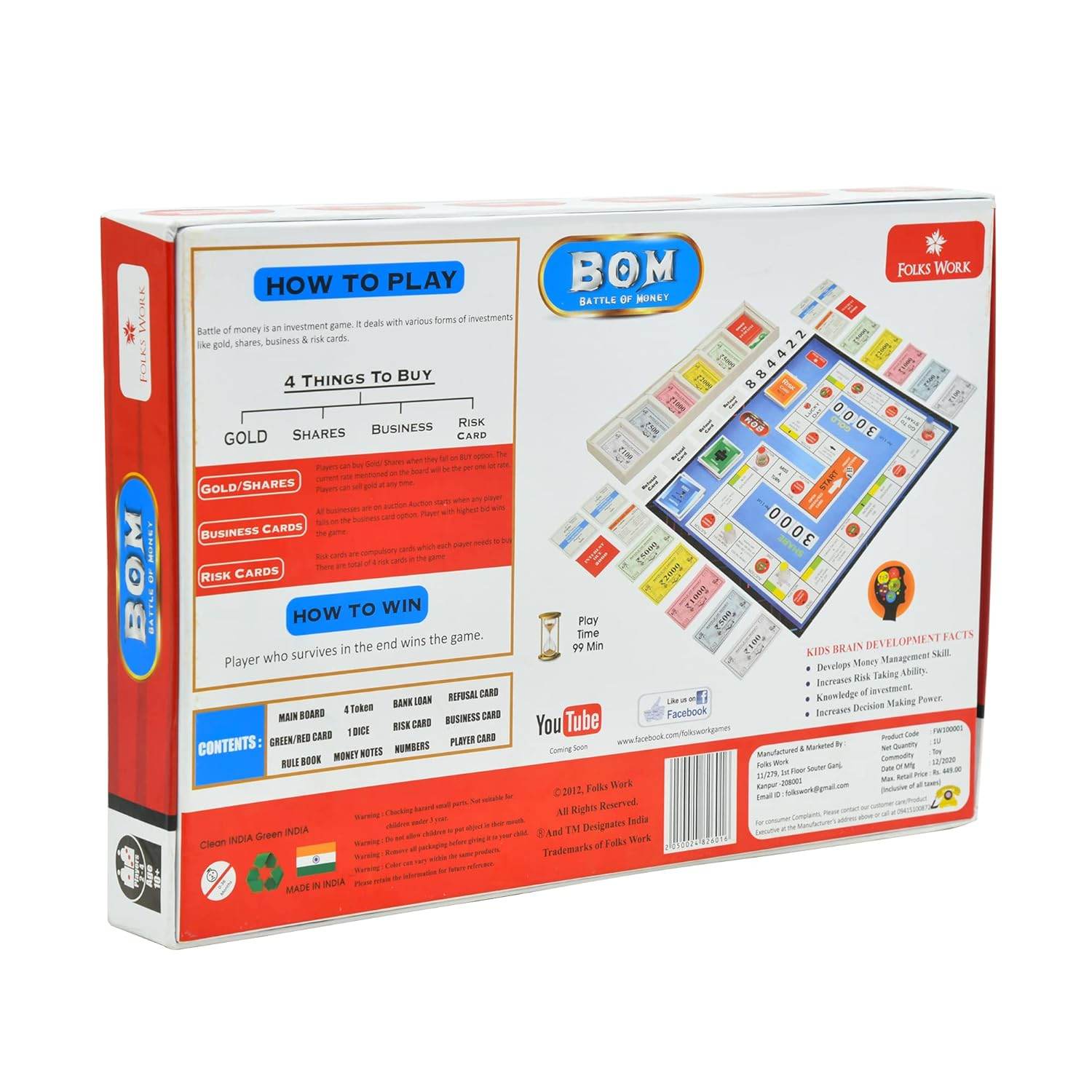 Battle of Money board game by Folks Work showing game box back with instructions and game layout