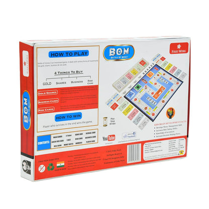Battle of Money board game by Folks Work showing game box back with instructions and game layout
