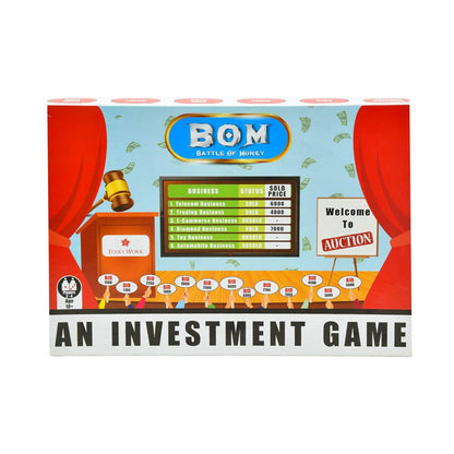 Battle of Money board game by Folks Work with investment auction theme and game details on box