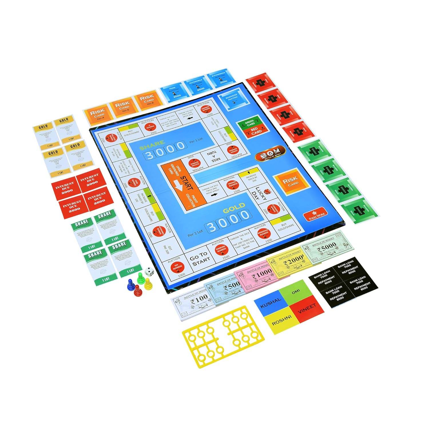 Battle of Money board game by Folks work with colorful board, money bills, cards, and game pieces