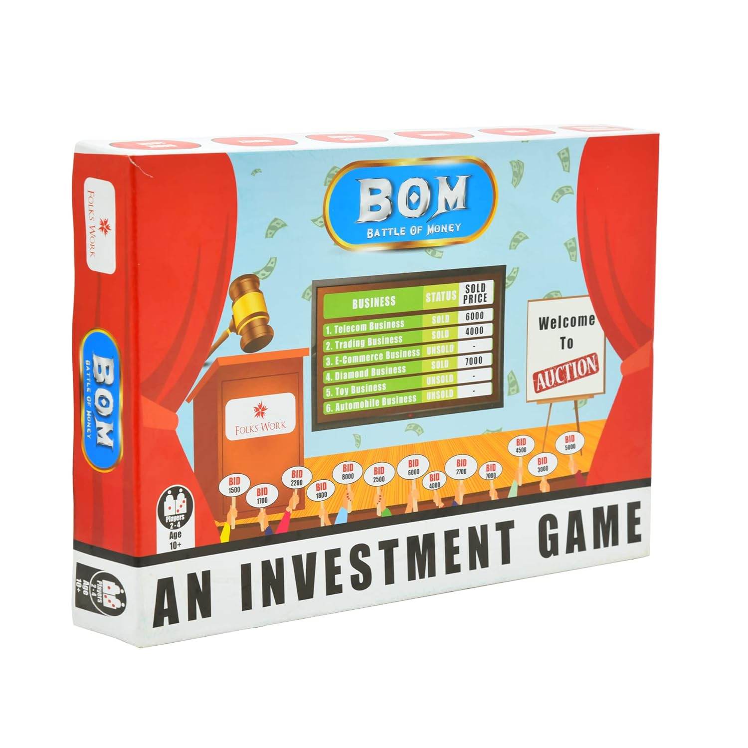 Battle of Money board game by Folks Work featuring investment and auction gameplay components