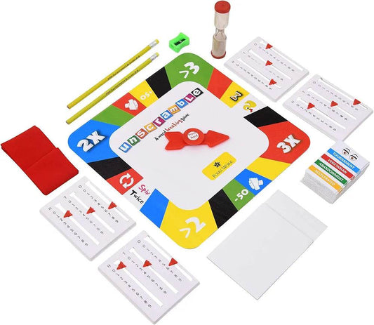 Folks Work unscramble board game for kids with colorful board, timer, cards, pencils, and scoring pad
