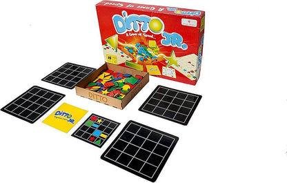 Ditto color and shape game by Folks work with colorful shapes and black grid boards for matching play