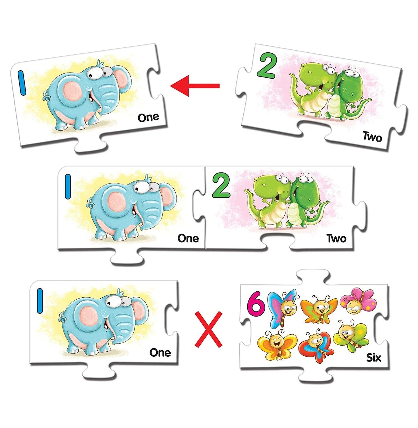 Colorful number and puzzle set featuring playful animal illustrations for toddlers