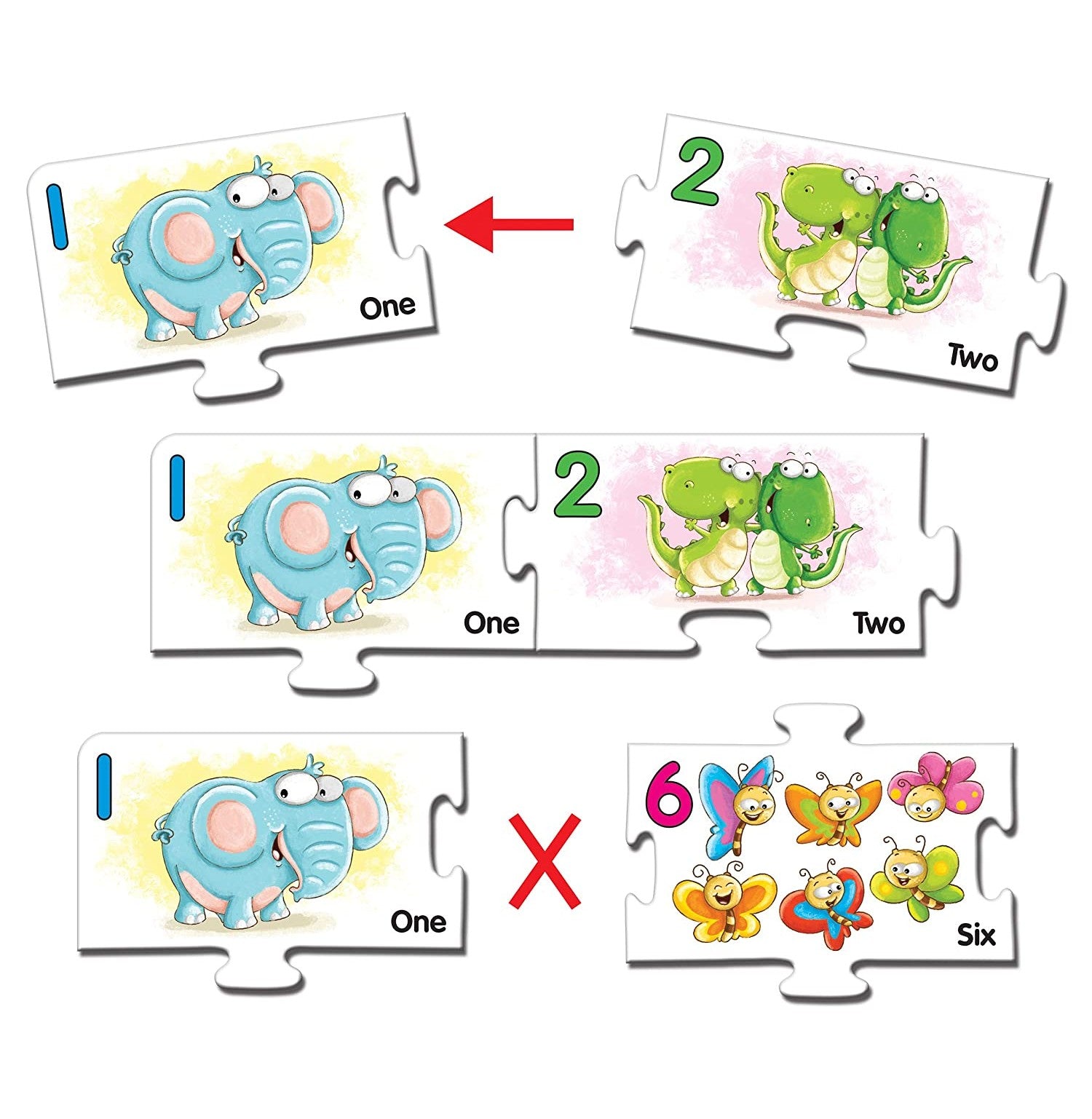 Colorful number and puzzle set featuring playful animal illustrations for toddlers