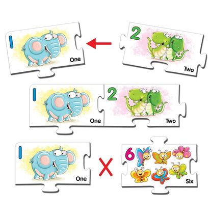 Colorful number and puzzle set featuring playful animal illustrations for toddlers