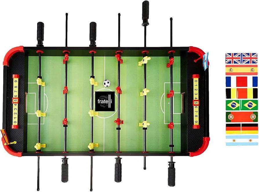 Kirat kids indoor football table game with red and yellow players on green field and flag scoreboards