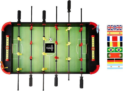 Kirat kids indoor football table game with red and yellow players on green field and flag scoreboards