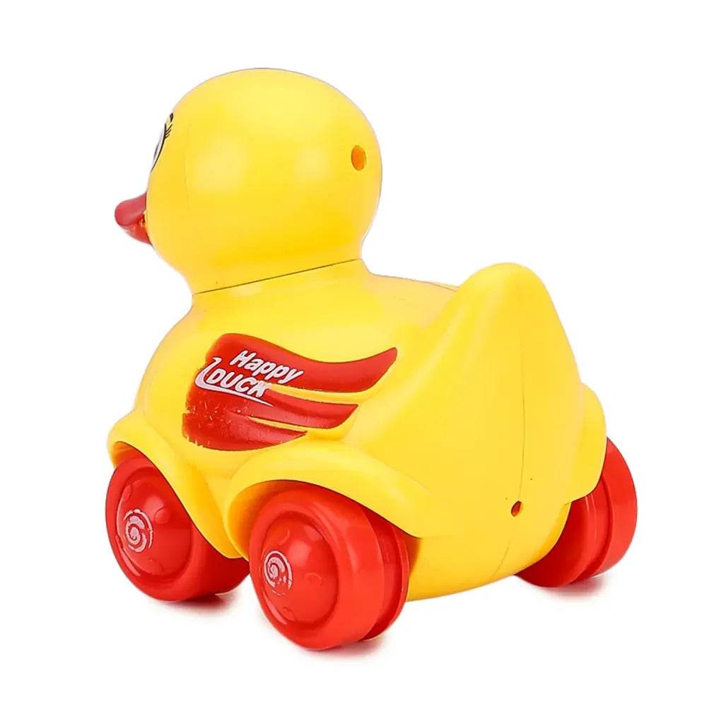 Yellow friction duck toy for toddlers with red wheels and Happy Duck label from T-Rex the Toyland