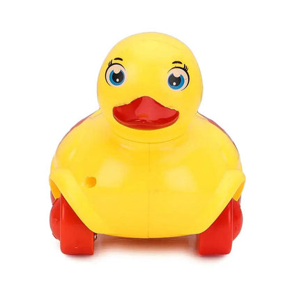 Yellow friction duck toy for toddlers with blue eyes and red wheels by T-Rex the toyland Sitamarhi
