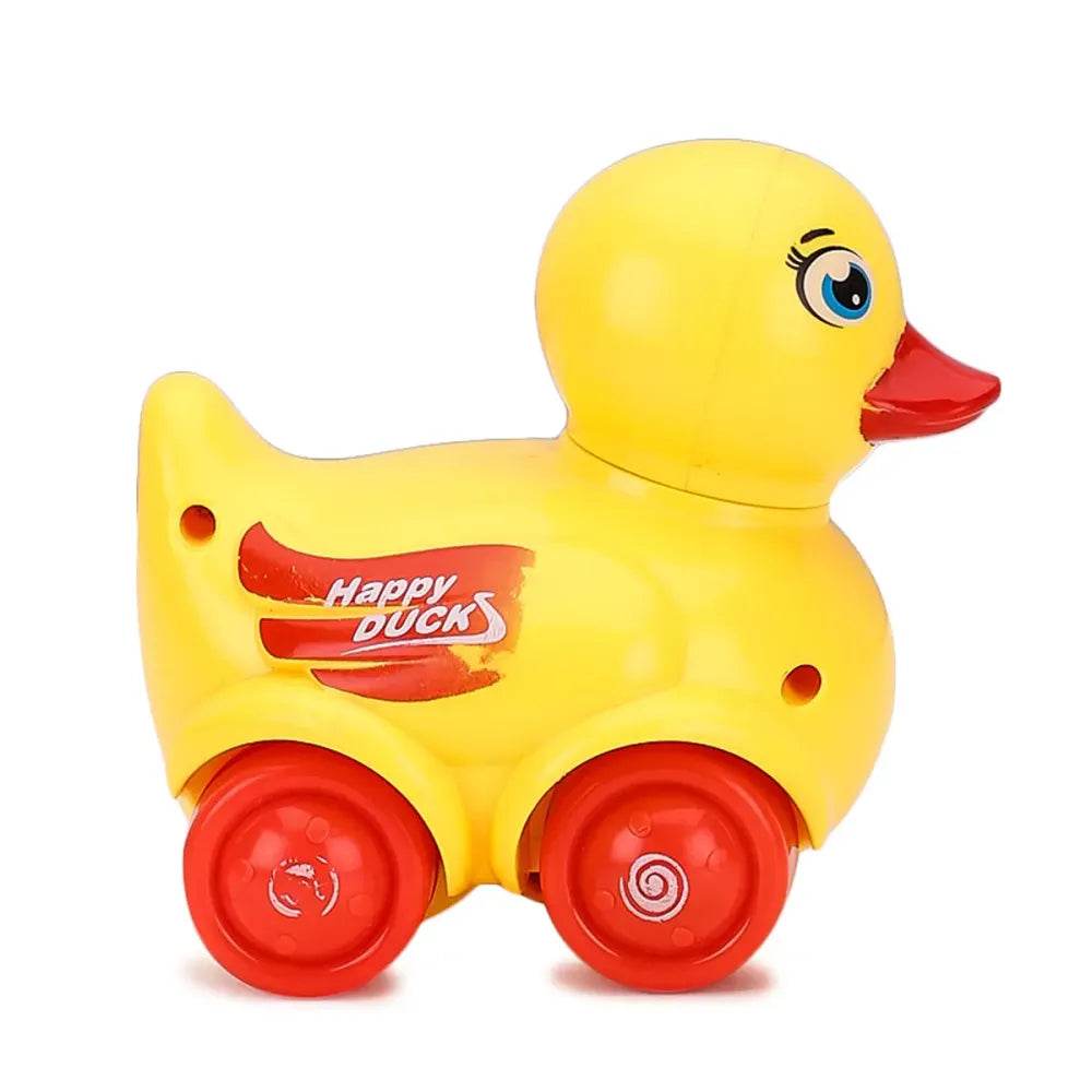 Yellow friction duck toy for toddlers with red wheels and Happy Ducks label by T-Rex the toyland Sitamarhi
