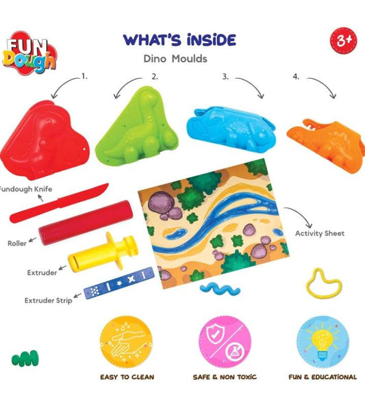 Doctor dough kit for kids with colorful dino molds, roller, extruder, knife, and activity sheet