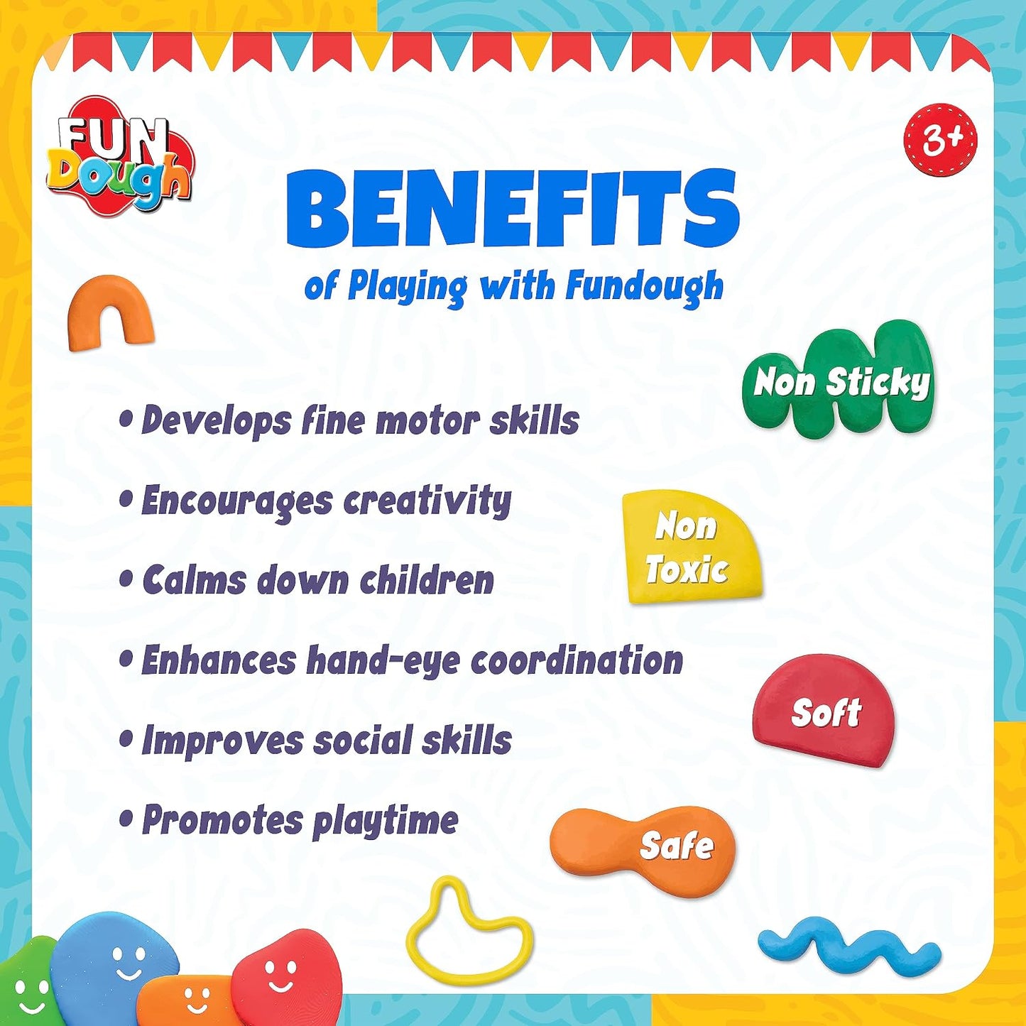 FunDough play dough with various benefits listed for creative play and skill development for ages 3 and up
